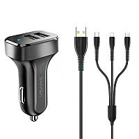 Автомобильное зарядное устройство 2USB Usams С13 (2.1A) Black + USB Cable U35 3 в 1