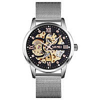 Skmei 9199 сріблясті чоловічий механічний годинник скелетон