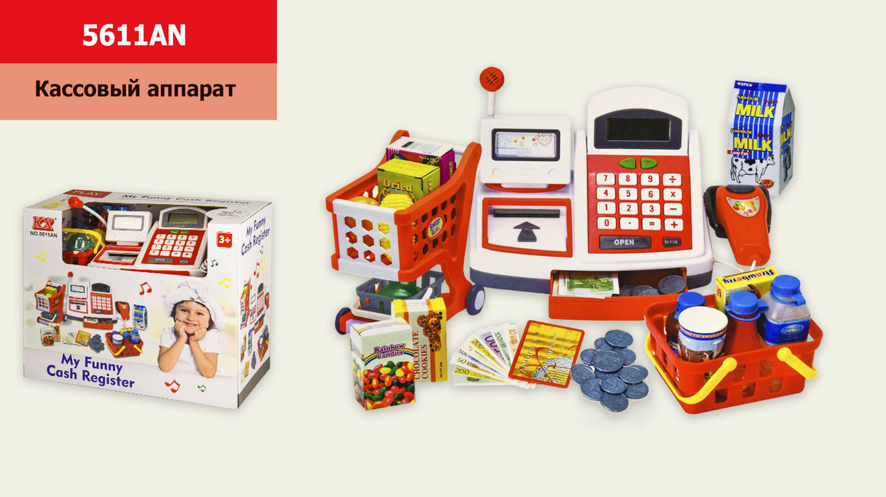 Касовий апарат дитячий «My funny cash register» 5611AN, 20 см, сканер, звук, світло, продукти з кошиком
