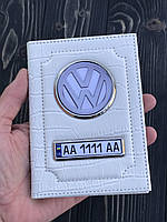 Кожаная обложка для автодокументов с логотипом и гос. номером авто белая кожа кроокдил