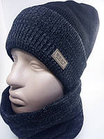 Комплект (шапка + баф) на флісі, шапка та шарф зима чорний