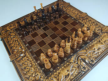 Шаховий набір "Русалки" дерев'яні різьблені ручної роботи 3 в 1 шахи, шашки, нарди.