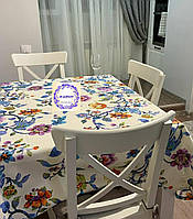 Скатерть хлопковая тефлоновая водоотталкивающая пропитка крупные оранжевые сиреневые цветы