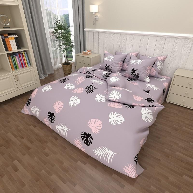 Постільна білизна Королева Ночі (Ранфорс) | Полуторний комплект | 50х70 | Листя на сіро-фіолетовому, фото 1