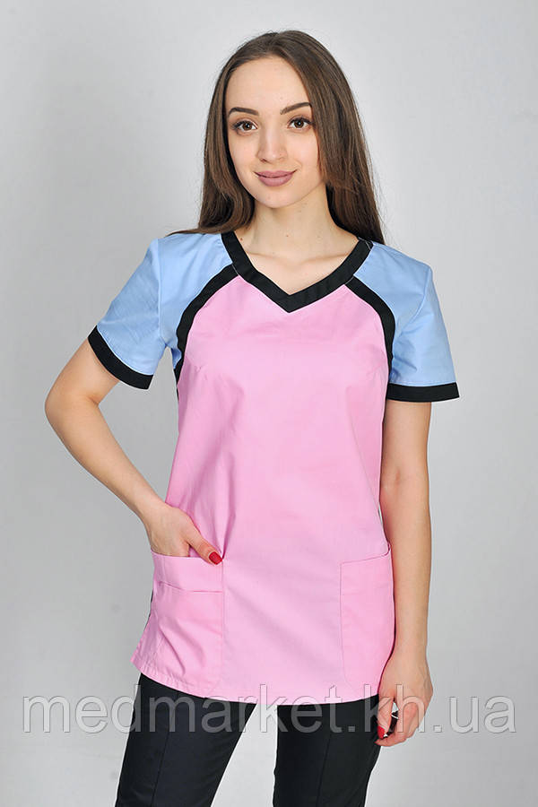 Костюм медичний Колібрі ELIT COTTON зі звуженими штанами. Рожевий/блакитний/чорний