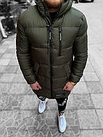 Пуховик куртка хаки мужская зимняя теплая с капюшоном холофайбер