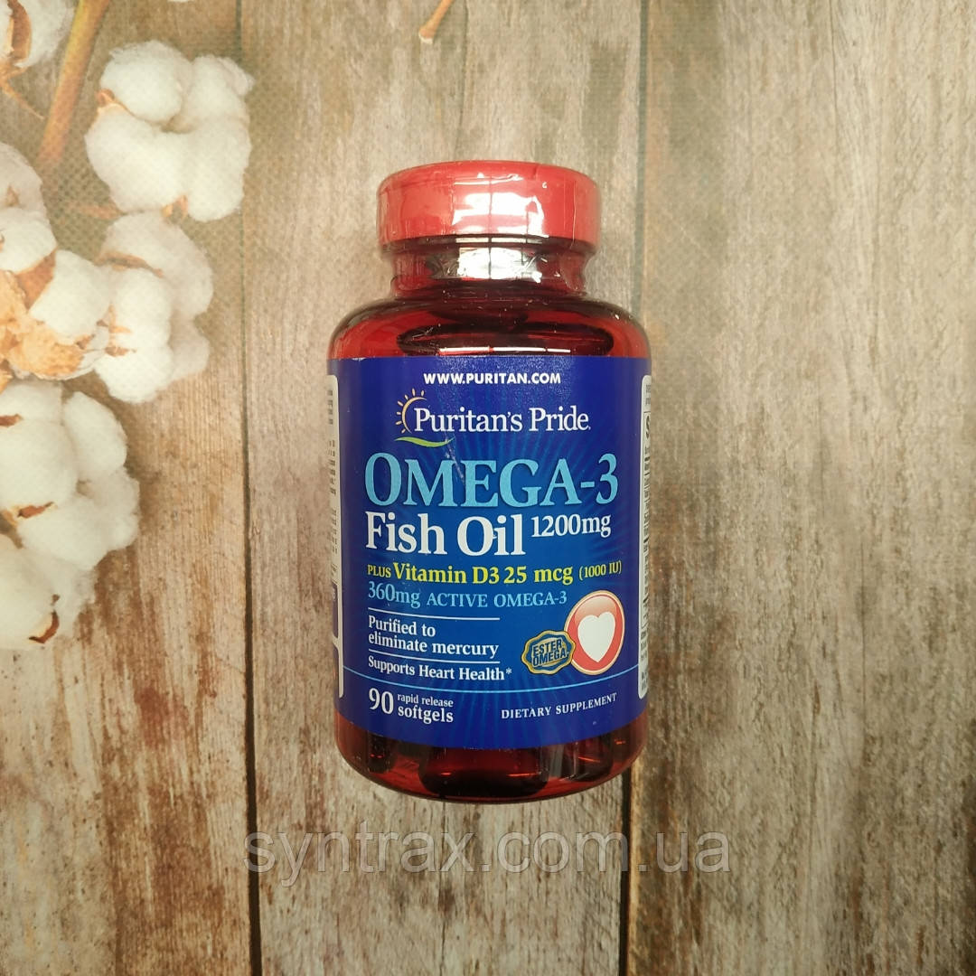 Puritan's Pride Omega-3 Fish Oil 1200 mg plus Vitamin D-3 1000IU 90 caps, омега 3 риб'ячий жир Вітамін Д3