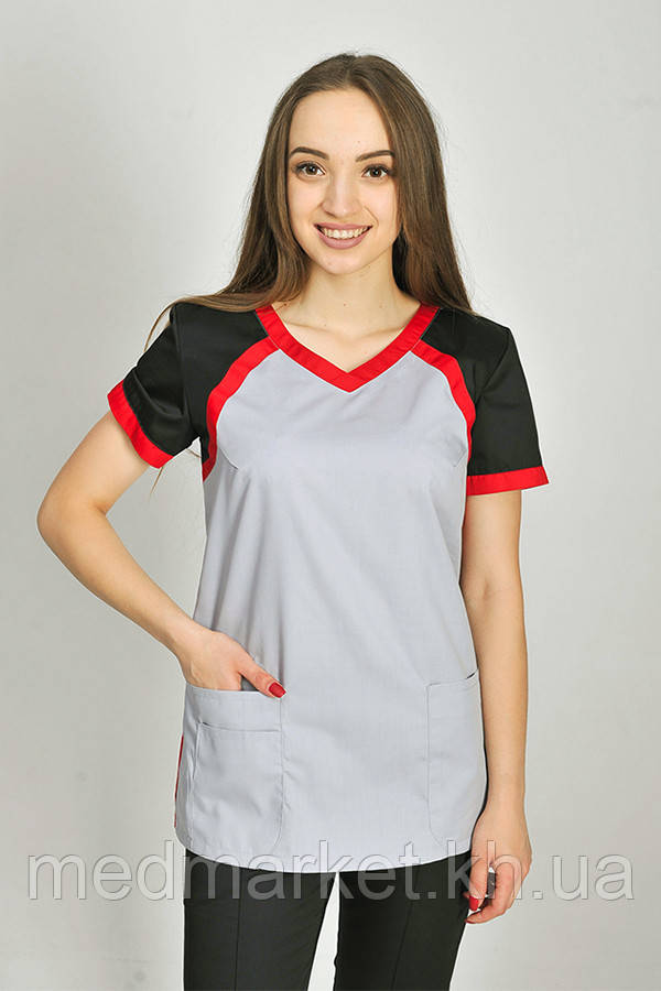 Костюм медичний Колібрі ELIT COTTON з звуженими штанами. Сірий/чорний+червоний (обр)/чорний