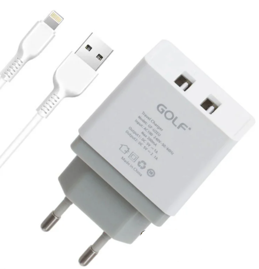 Зарядний пристрій для телефону GOLF GF-U2 SET |2USB, 2.1A| Білий, фото 1