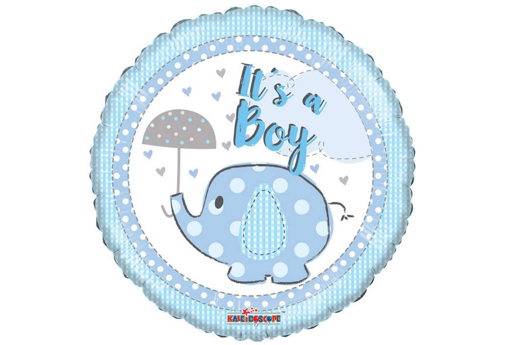 К 18" It's A Boy Elephant With Umbrella Round Foil Balloon. Куля фольгована Це хлопчик
