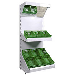 Стелаж овочевий Рістел 2350х750 мм, торговий приставний стелаж, торговий стелаж під ящики для овочів та фруктів, овочева вітрина