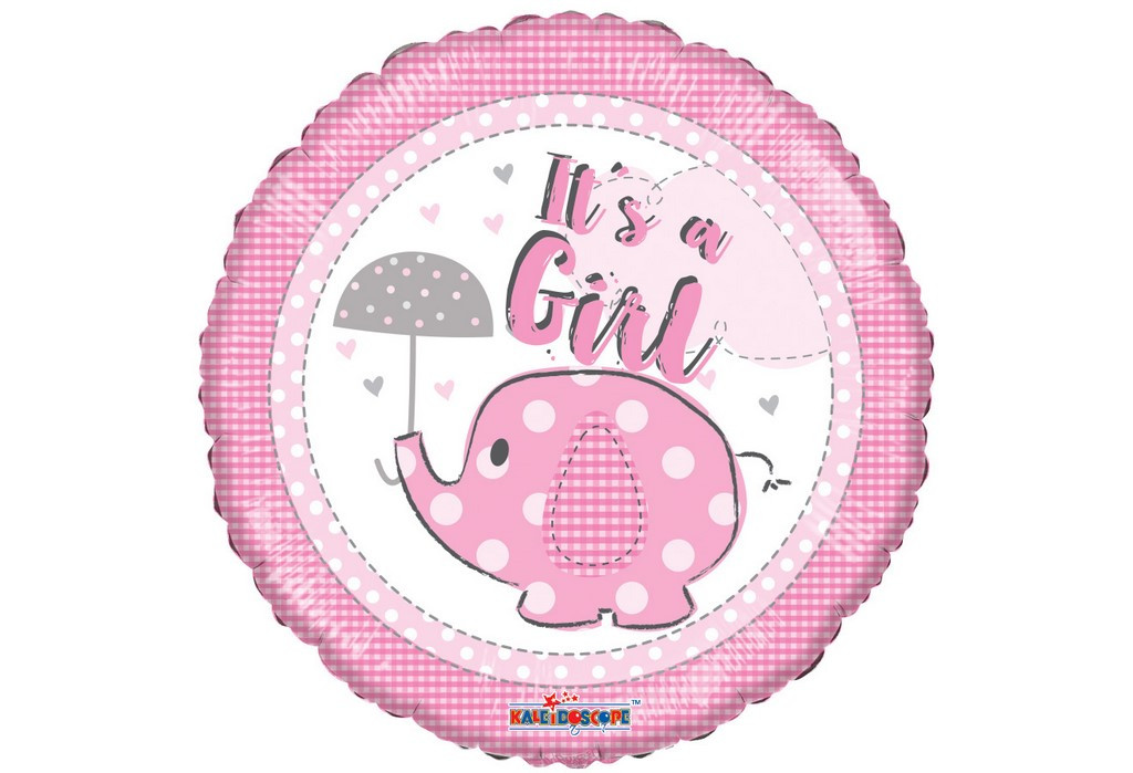 К 18" It's A Girl Elephant With Umbrella Round Foil Balloon. Куля фольгована Це дівчинка