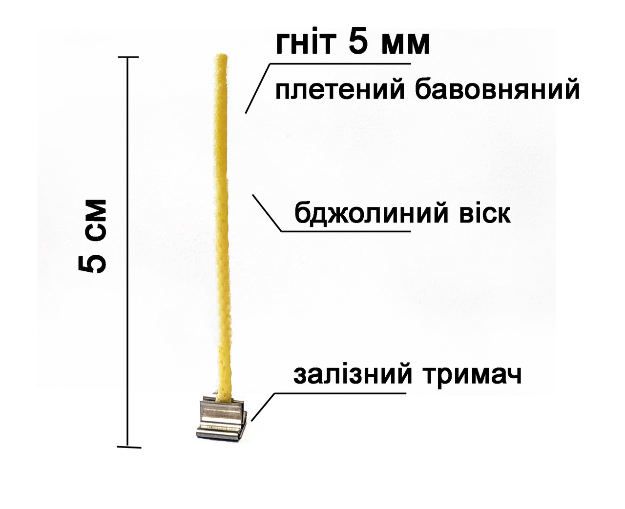 Гніт для свічок вощений 5 мм з металевим тримачем. Висота 5 см