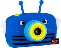 Детский цифровой фотоаппарат Children`s fun Синяя Пчелка с фронтальной камерой с картой 16 GB