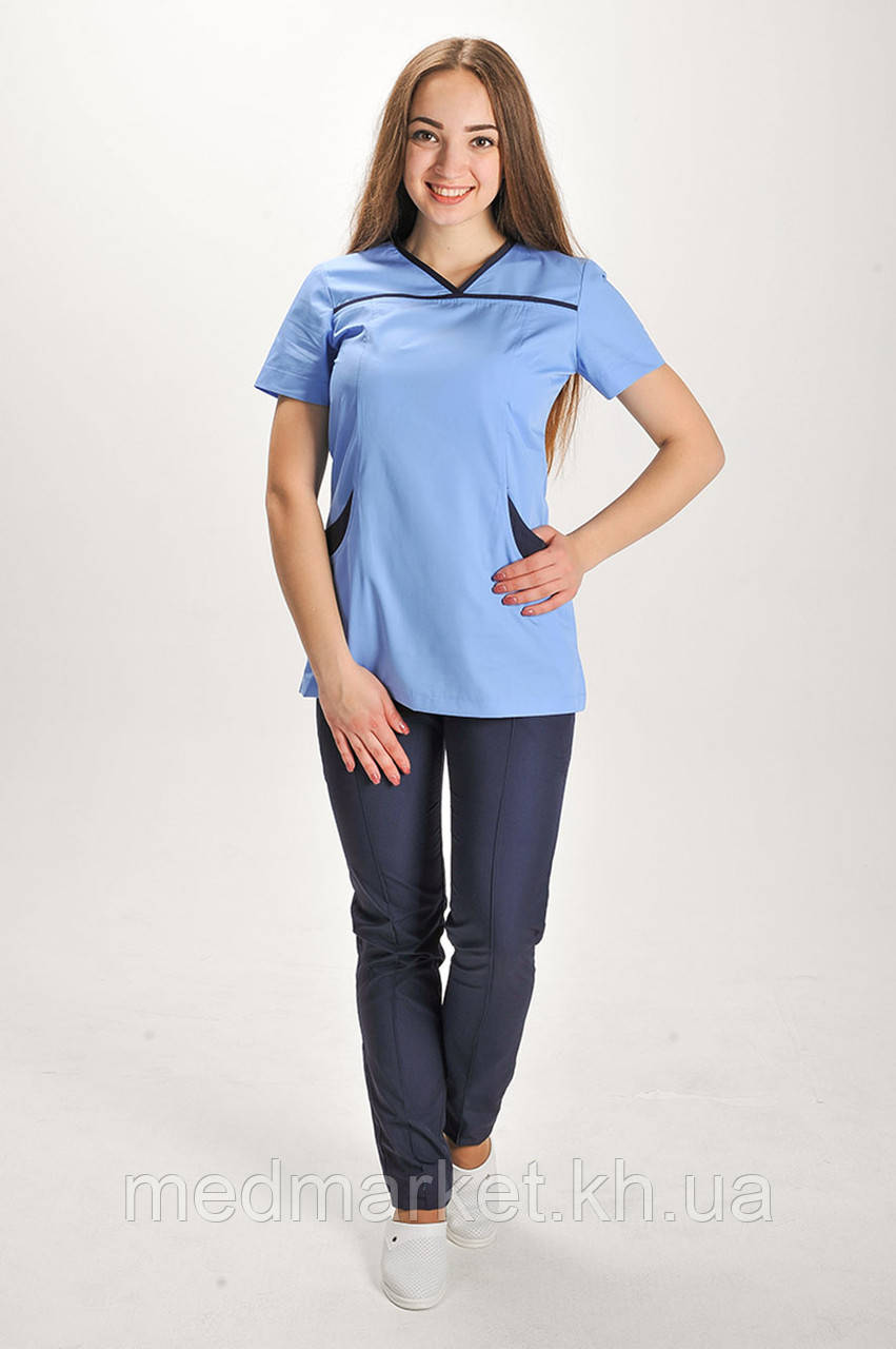 Костюм медичний І-30 зі звуженими штанами.ELIT COTTON. Блакитний/темно-синій