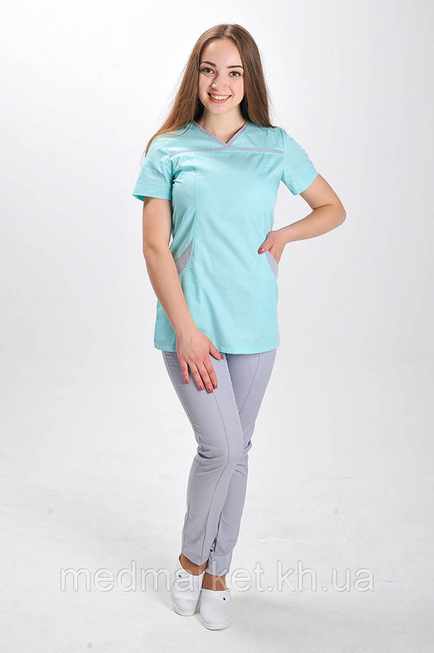 Костюм медичний І-30 ELIT COTTON зі звуженими штанами. Ментол/сірий