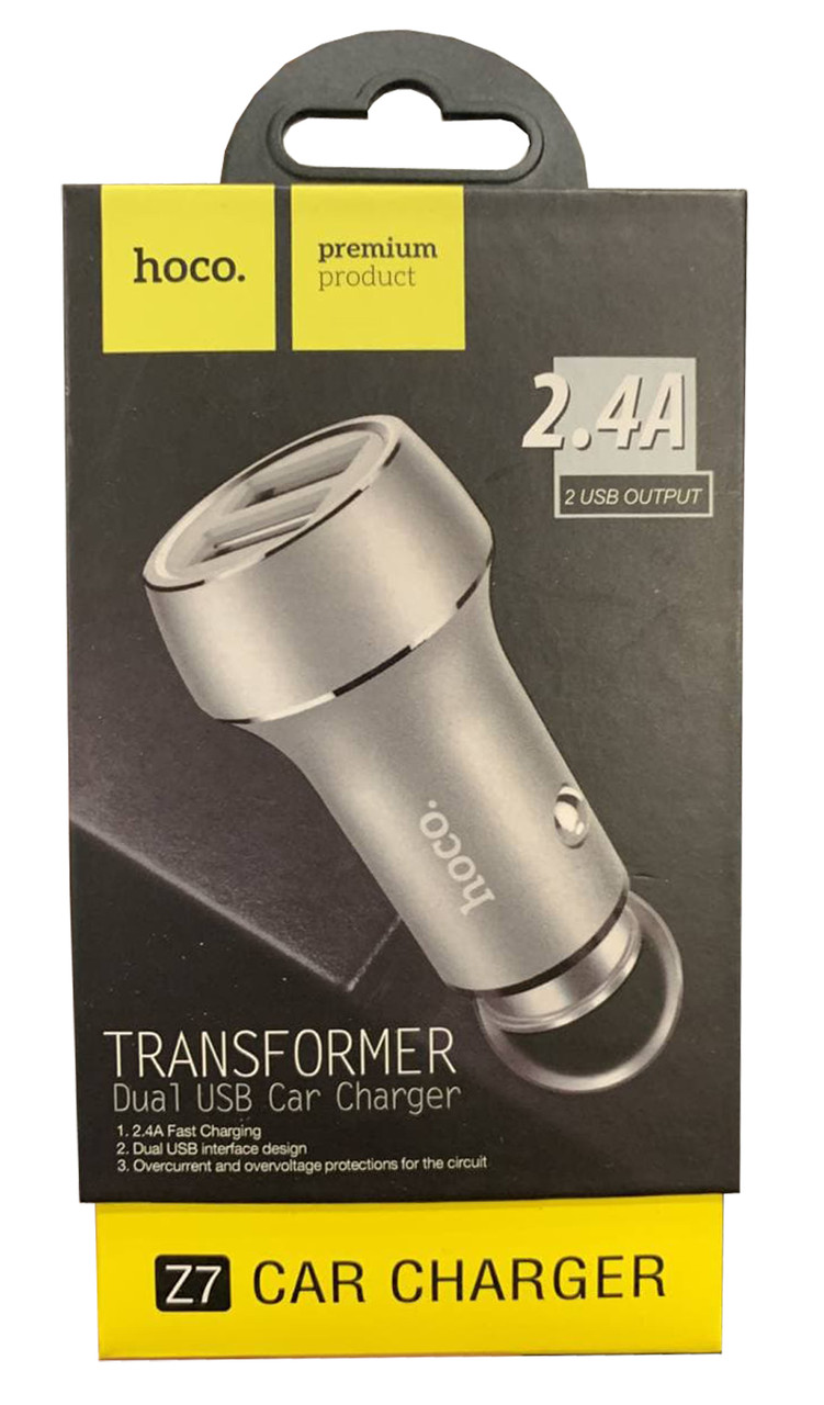 Автомобільний зарядний пристрій (адаптер) Hoco Z7 2USB (2.4 A) Срібло