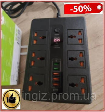 Мережевий фільтр-подовжувач 2 м з таймером 6 розеток, 220В і 5 USB порту універсальний подовжувач
