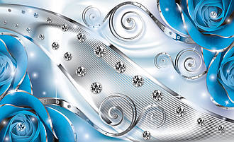 Фотошпалери квіти в інтер'єрі спальні 368х254 см 3Д Бутони синіх троянд - діаманти та вензеля (2496P8) Найкраща якість