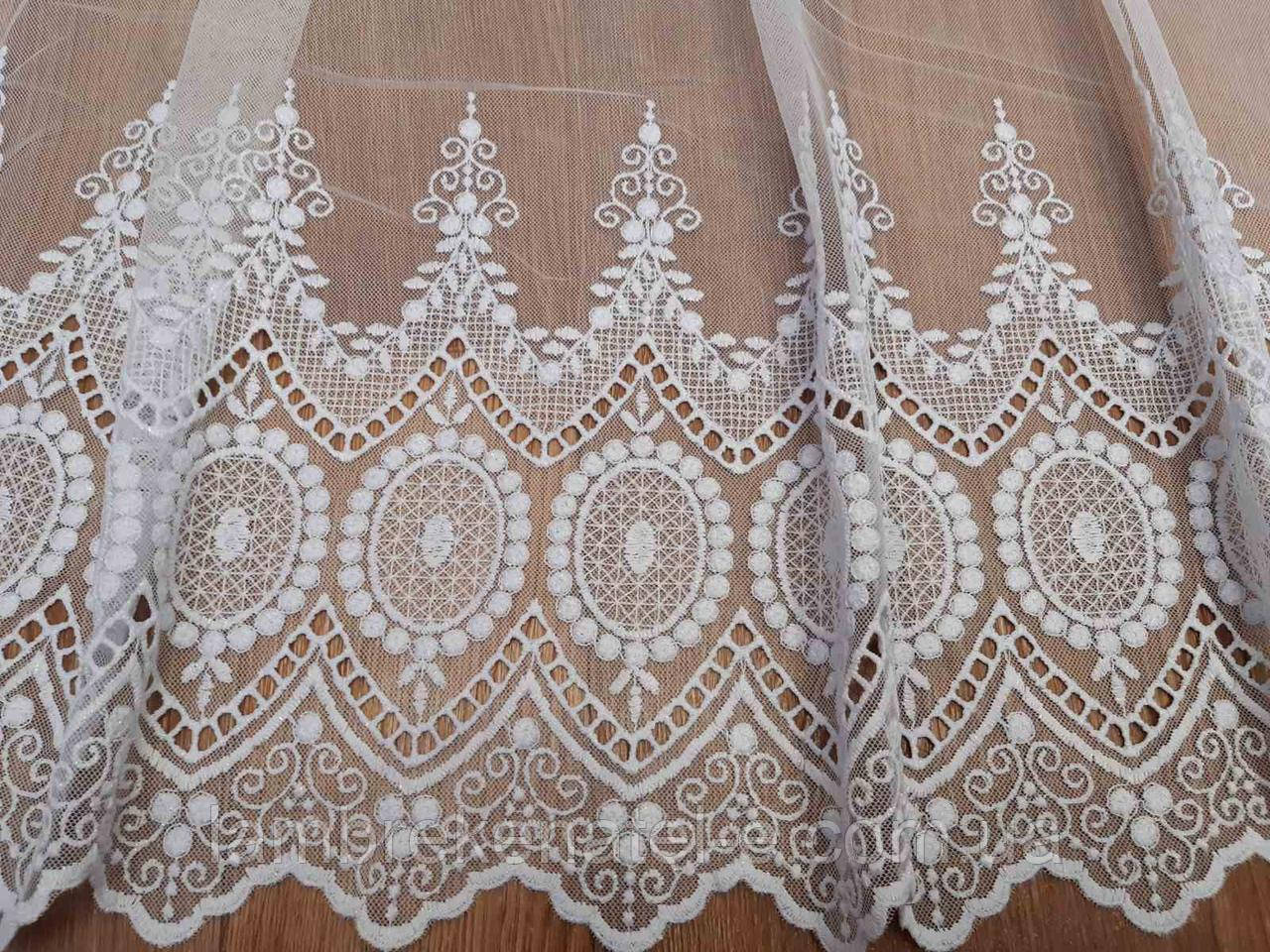 Тюль сітка грек з ажурним вишитим низом колір білий, залишок 4,5 м, фото 1
