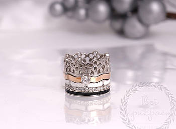 Срібне родоване кільце із золотом, "Тріо".