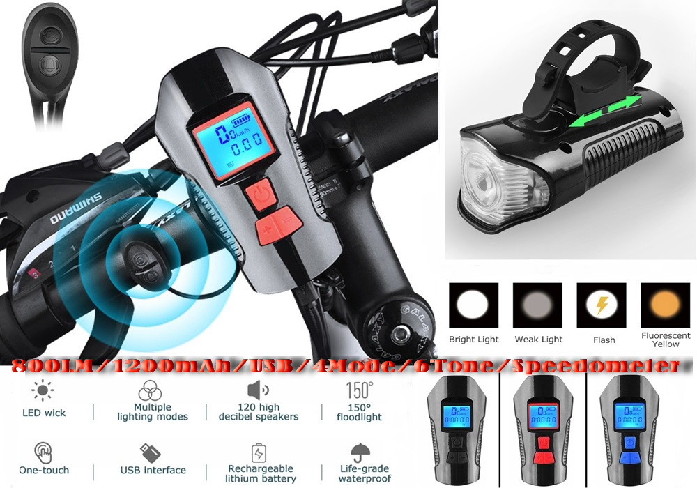 Велосипедний ліхтар + Спідометр, Пульт, Клаксон, LSD Дисплей (800LM, USB, Вбудований акумулятор)