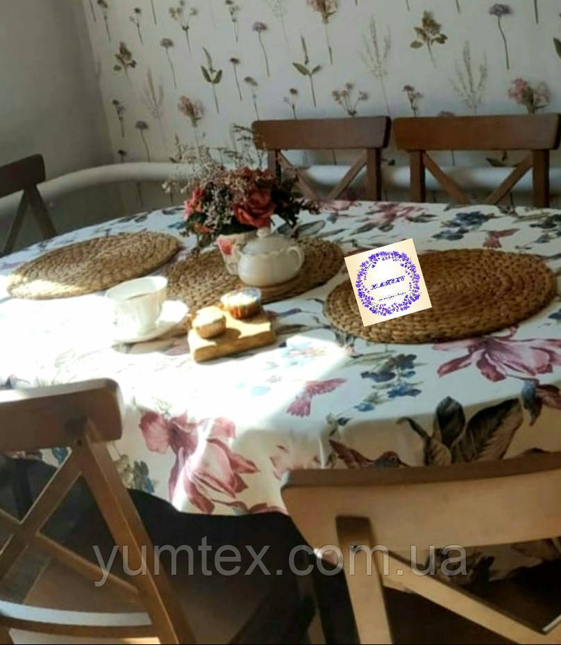 Скатертина бавовна тефлон водовідштовхувальна гідрофобна просочення дрібні коричневі, сірі та чорні ромби на білому, фото 1