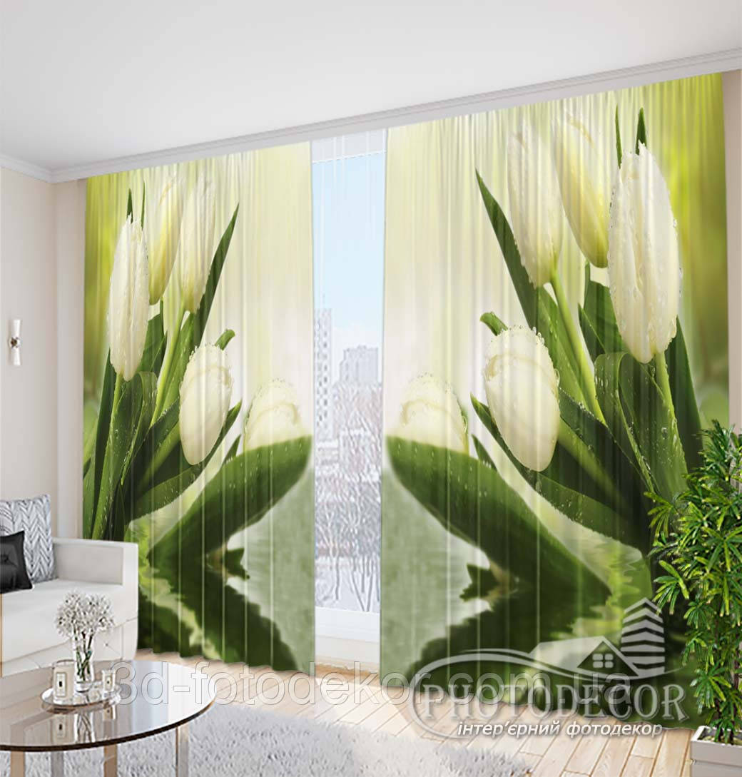 3D Фото Штори "Білі тюльпани у воді" 2,7м*2,9м (2 полотна по 1,45м), тасьма