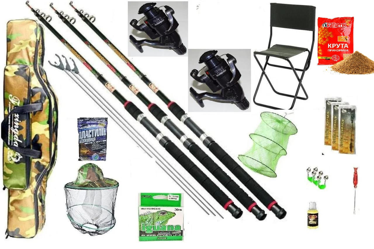 Рибальський набір 14 в 1 Спінінг короповий Fat Cat (3 шт.)2.1 м + котушка Кобра (3 шт.) +Подарок!, фото 1