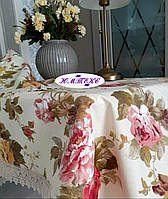 Скатерть хлопковая тефлоновая водоотталкивающая пропитка крупные розовые и оранжевые розы