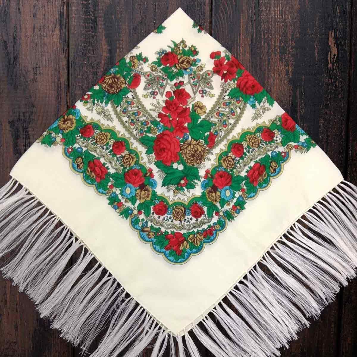 Хустка народна з бахромою (80х80) шампань