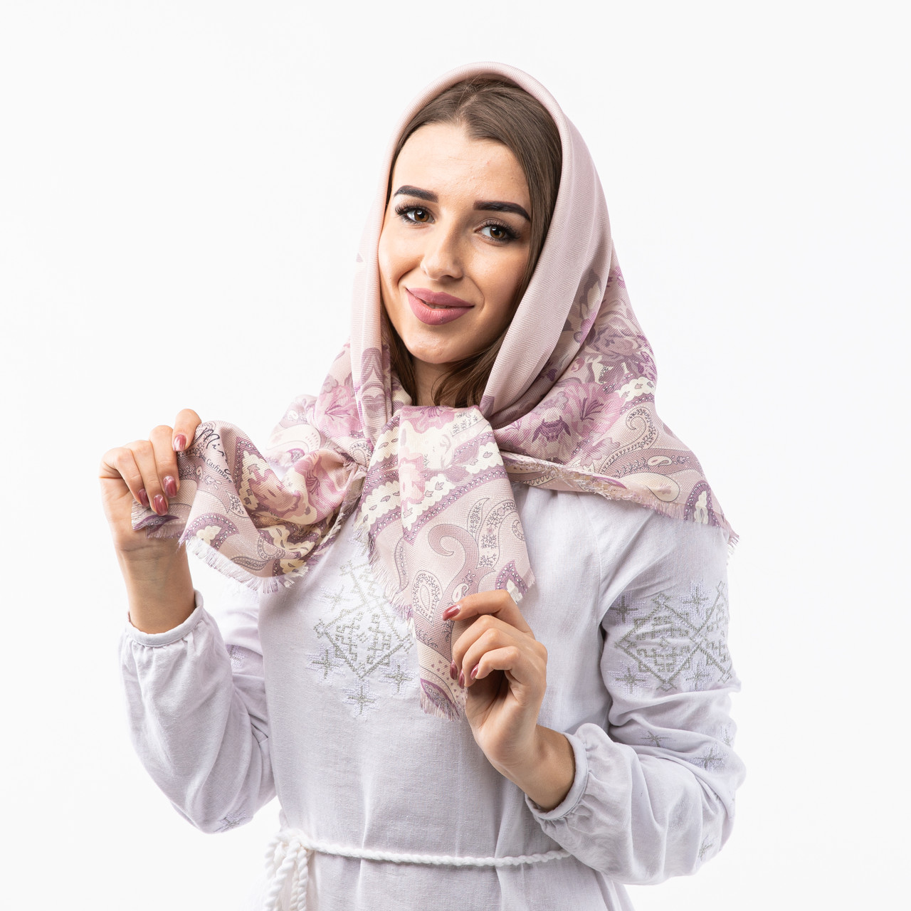 Кашемірова хустка з квітковим принтом 100х100см Блідо-бузкова, фото 1