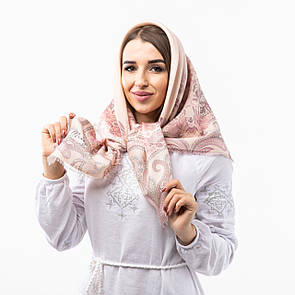 Кашемірова хустка з квітковим принтом 100х100см Блідо-персикова