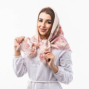 Кашемірова хустка з квітковим принтом 100х100см Персикова