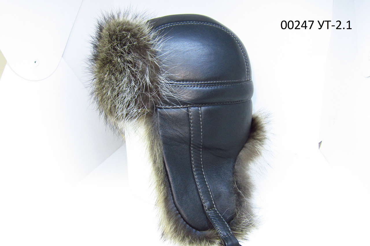 Шапка вушанка з натуральної шкіри з хутром єнота DAVANI 00247, фото 1