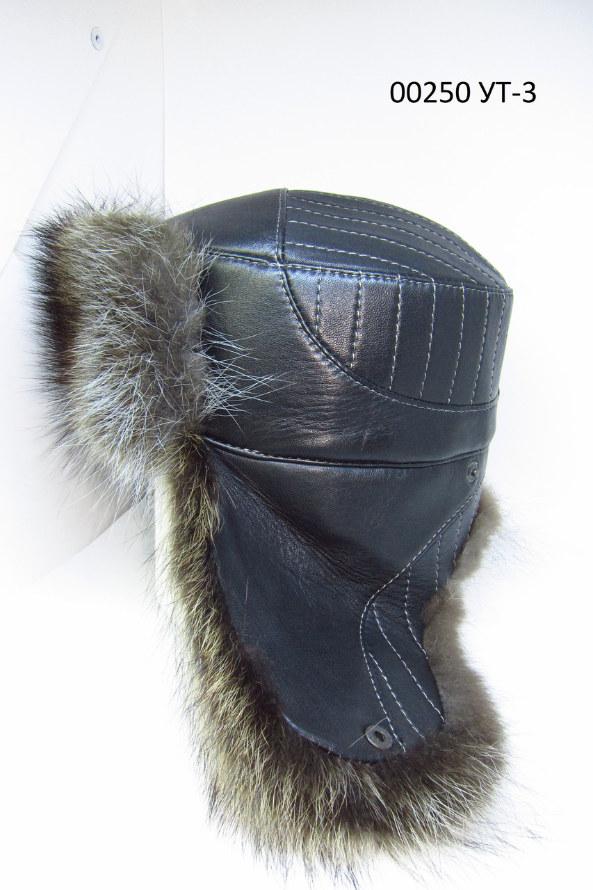 Шапка вушанка з натуральної шкіри з хутром єнота DAVANI 00250, фото 1