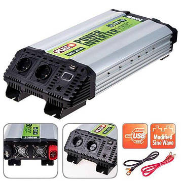 Перетворювач напруги 24V-220V/2000W/ USB-5VDC2.0A/мод.хвиля/клеми/ PULSO IMU-2024.