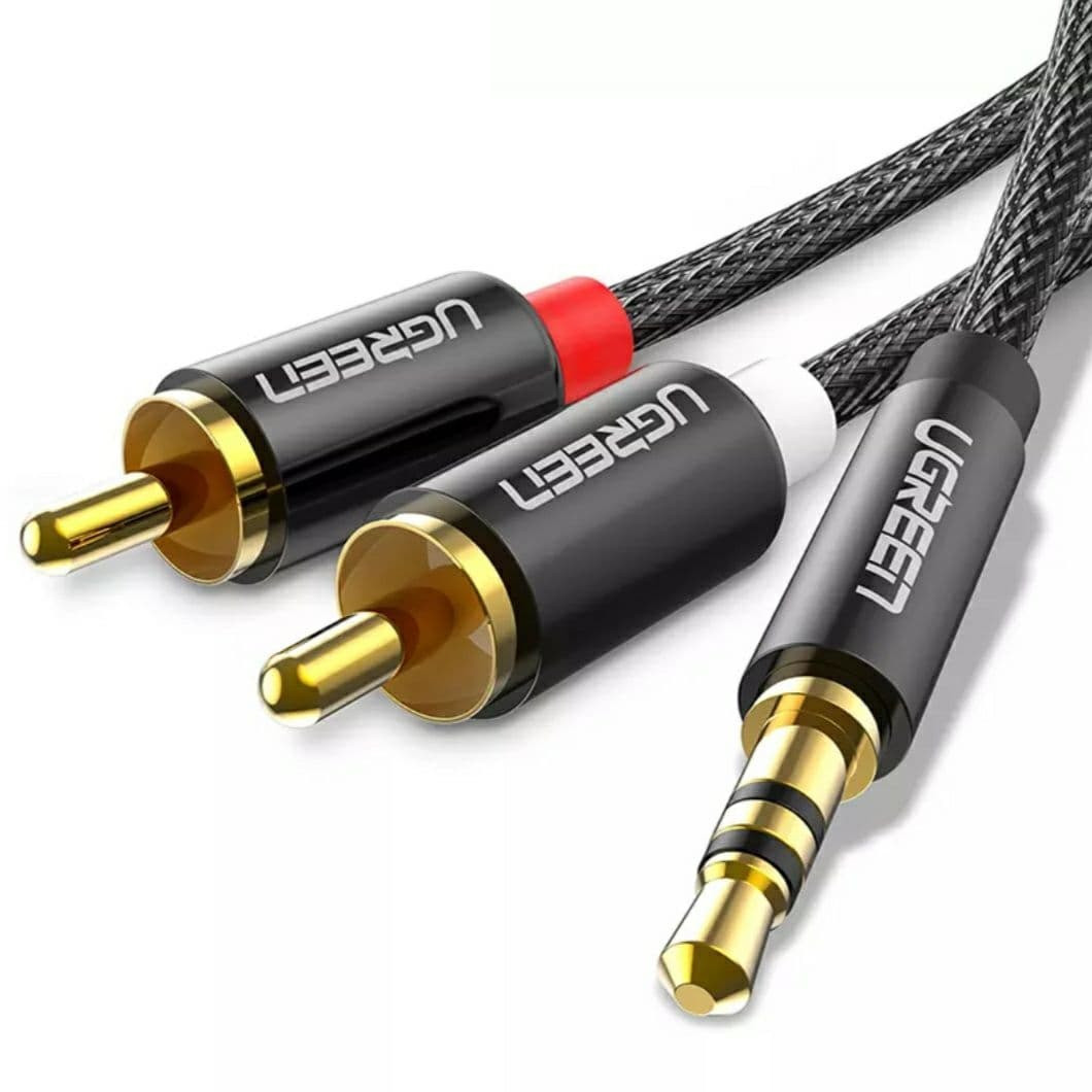 Аудіо кабель Ugreen Hi-Fi AUX, jack 3.5 mm - 2xRCA 1 метр Black нейлонова оплетка