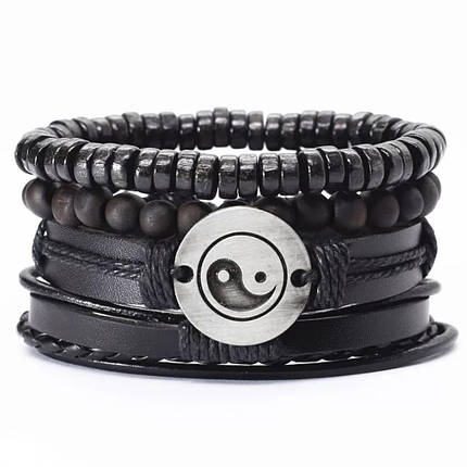 Браслет Zig Jewelry шкіряний чоловічий жіночий Інь-Янь 4 в 1 чорний, фото 1