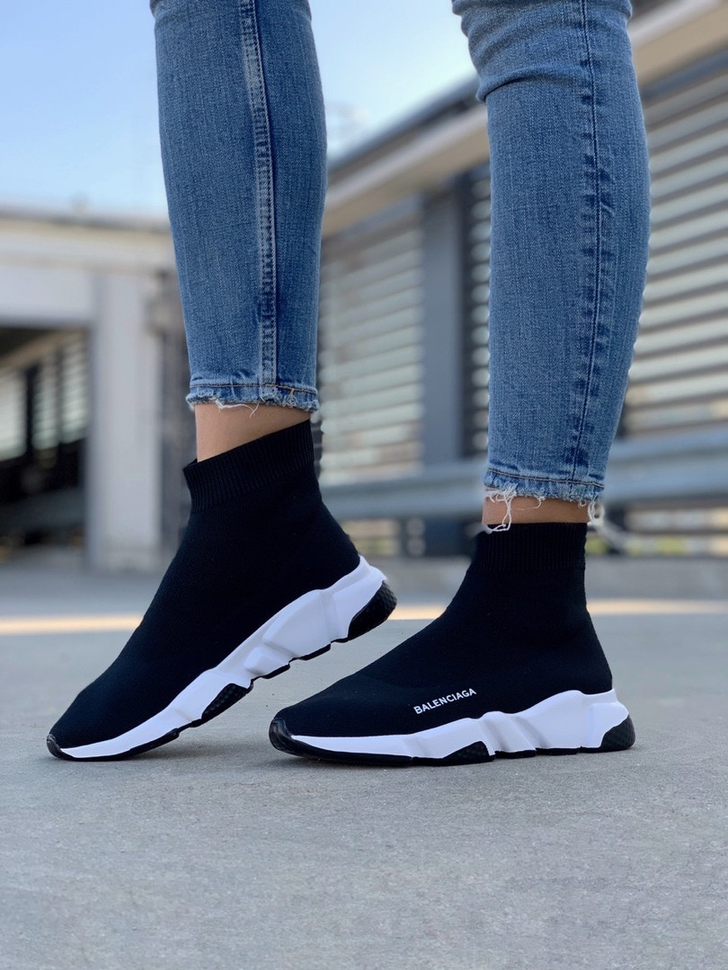 Кросівки кросівки шкарпетки Balenciaga Speed ​​Trainer Black White Чорні з білим Взуття Баленсіага спід трейнер носок унісекс, фото 1