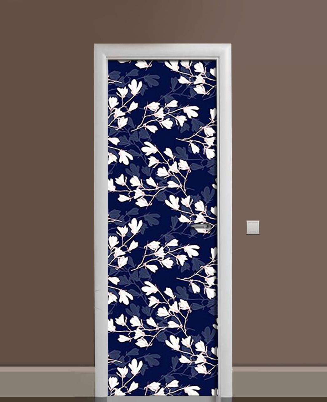 Вінілова наклейка на двері Японська ніч квіти ПВХ плівка з ламінуванням 60х180см рослини Синій