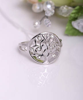 Срібне родоване кільце, "Дрово життя", з фіанітами.