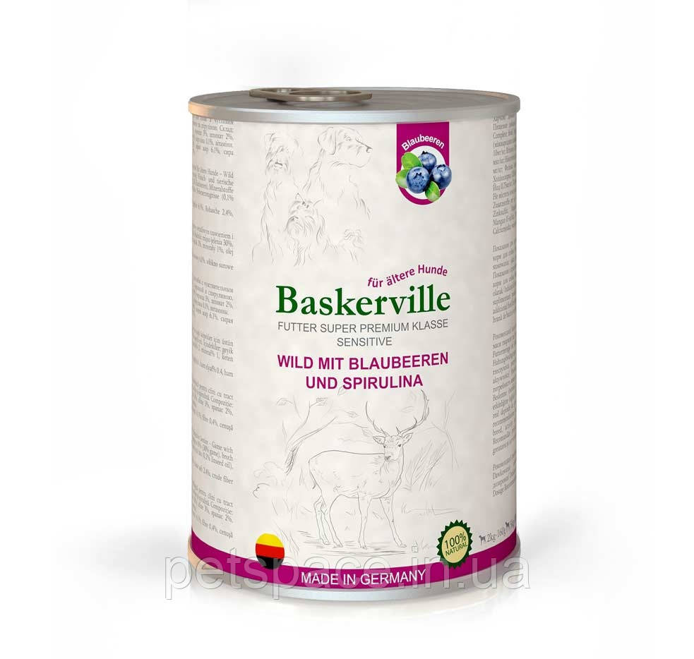 Консервований корм Baskerville Sensitive (Баскервіль оленина з чорницею та спіруліною) 800 г