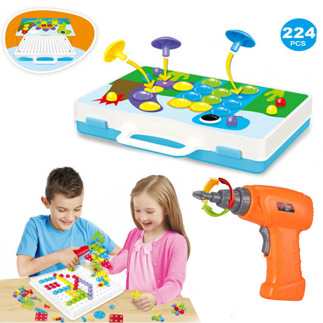 Дитячий 3D конструктор Puzzle Peg 4 в 1 із шурупокрутом і електровикруткою 224 деталі + бокс мозайка для