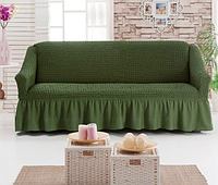 Чехол на диван жатка натяжной готовые, турецкие чехлы на диваны трехместный стильные с оборкой Зеленый