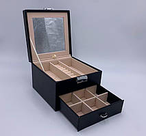 Скринька трансформер з екошкіри для прикрас, дзеркало та замок, 16х16х11 см, чорний