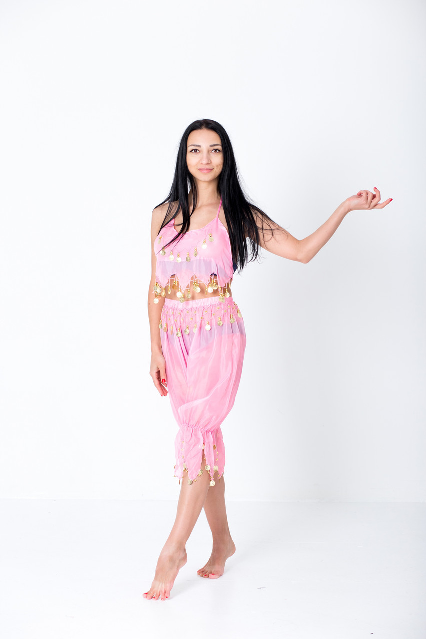 Східний костюм для танців живота жіночий шифоновий яскравий з монетками рожевого кольору