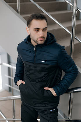 Вітровка Анорак теплий Найк, Nike синьо - чорний + Штани President + подарунок Барсетка, фото 2