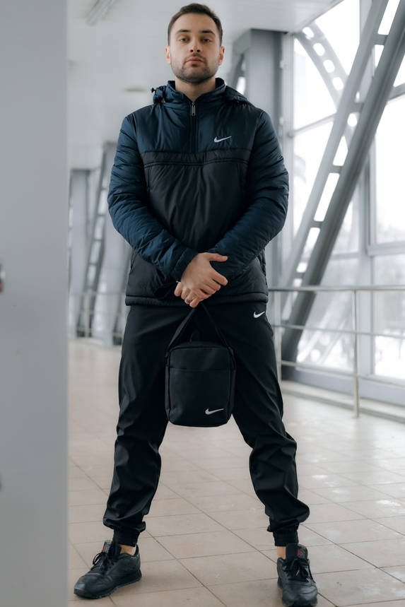 Вітровка Анорак теплий Найк, Nike синьо - чорний + Штани President + подарунок Барсетка, фото 2
