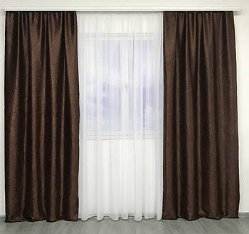 Штори софт-велюр блекаут шоколадні з білим шифоновим тюлем ALBO (SHTN-250-11)